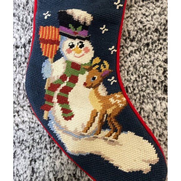Vintage Noel‎ Snowman Rudolph Needlepoint Christmas Holiday Stocking Lined - Picture 3 of 6